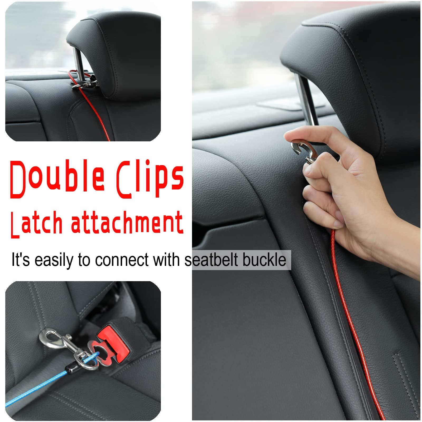 Dog Car Seat Belt, Dog Car Harnesses Chew Proof Steel Rope Cable, Waterproof Dogs Safety Belt, Vehicle Harnesses with Double Clips and Latch Attachment (Black*2, 16 inch/40 CM) — view 8