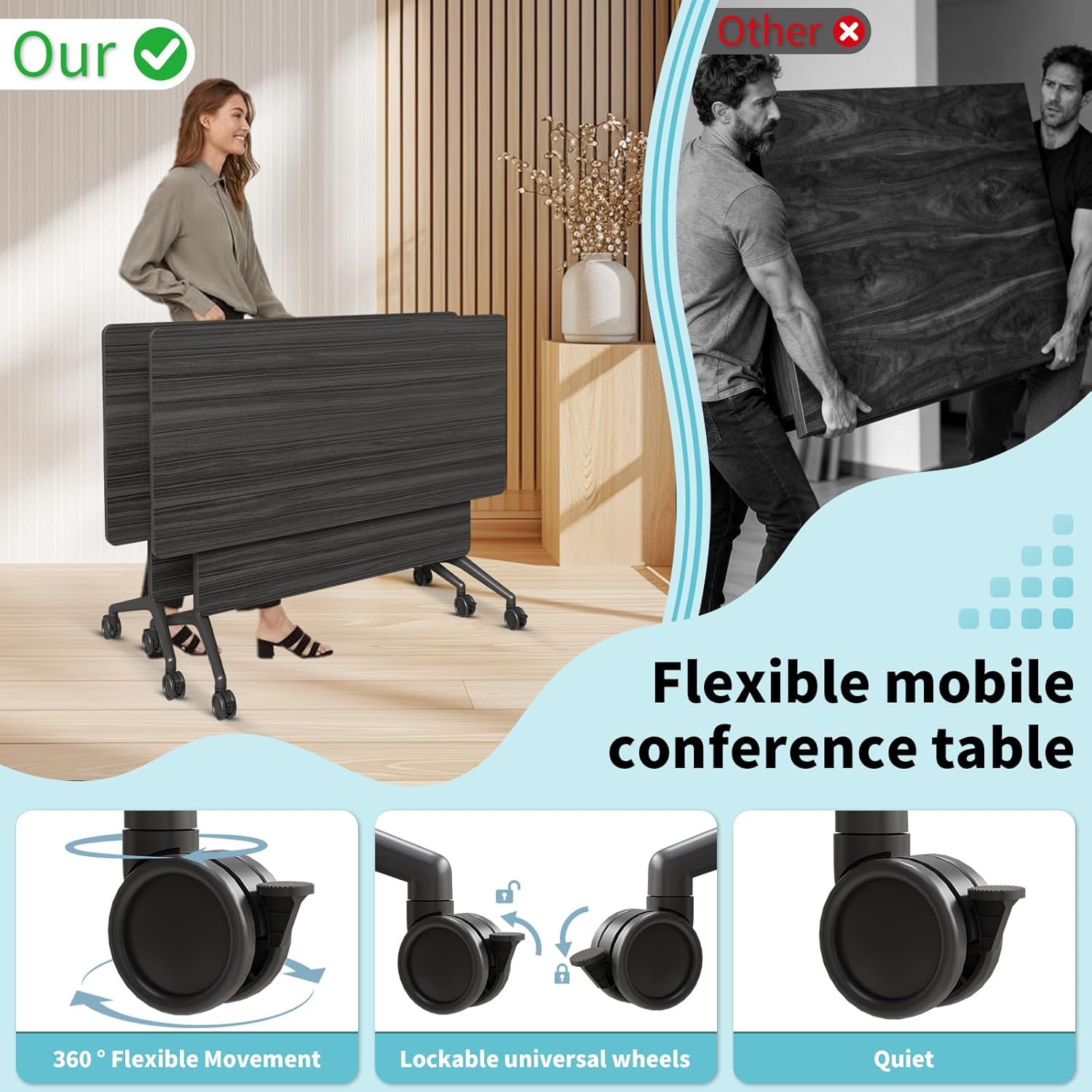 Folding Conference Room Tables with Wheel -Modern Large Modular Conference Table,Stackable Flip Top Training Meeting Table,Space Saving,for Seminar,Office,Classroom(Black A,63IN,8pack)