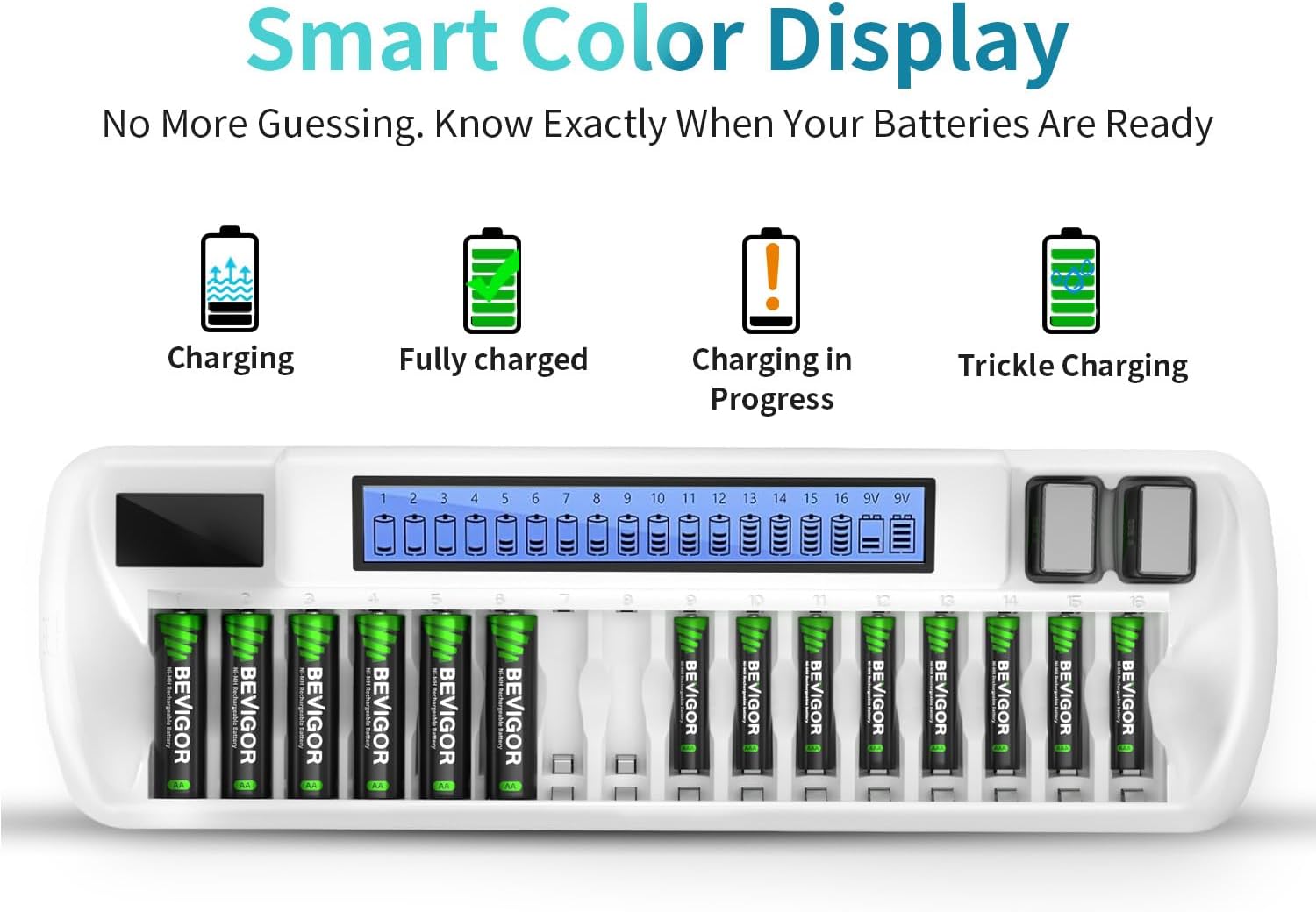 BEVIGOR 18 Bay AA AAA 9V Battery Charger, Independent Slot Charger with LED Light, USB High Speed Charging, for Ni-MH Ni-CD 9V Rechargeable Batteries, No Adapter