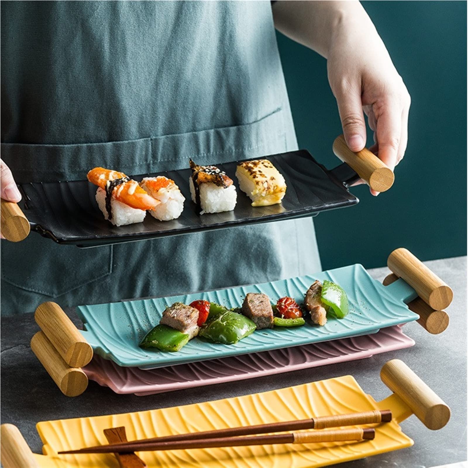 Talerze obiadowe, Talerze obiadowe Ceramiczne prostokątne Sushi Długi talerz Deser Ciasto Przekąska Skrzydełka kurczaka Talerz z uchwytami