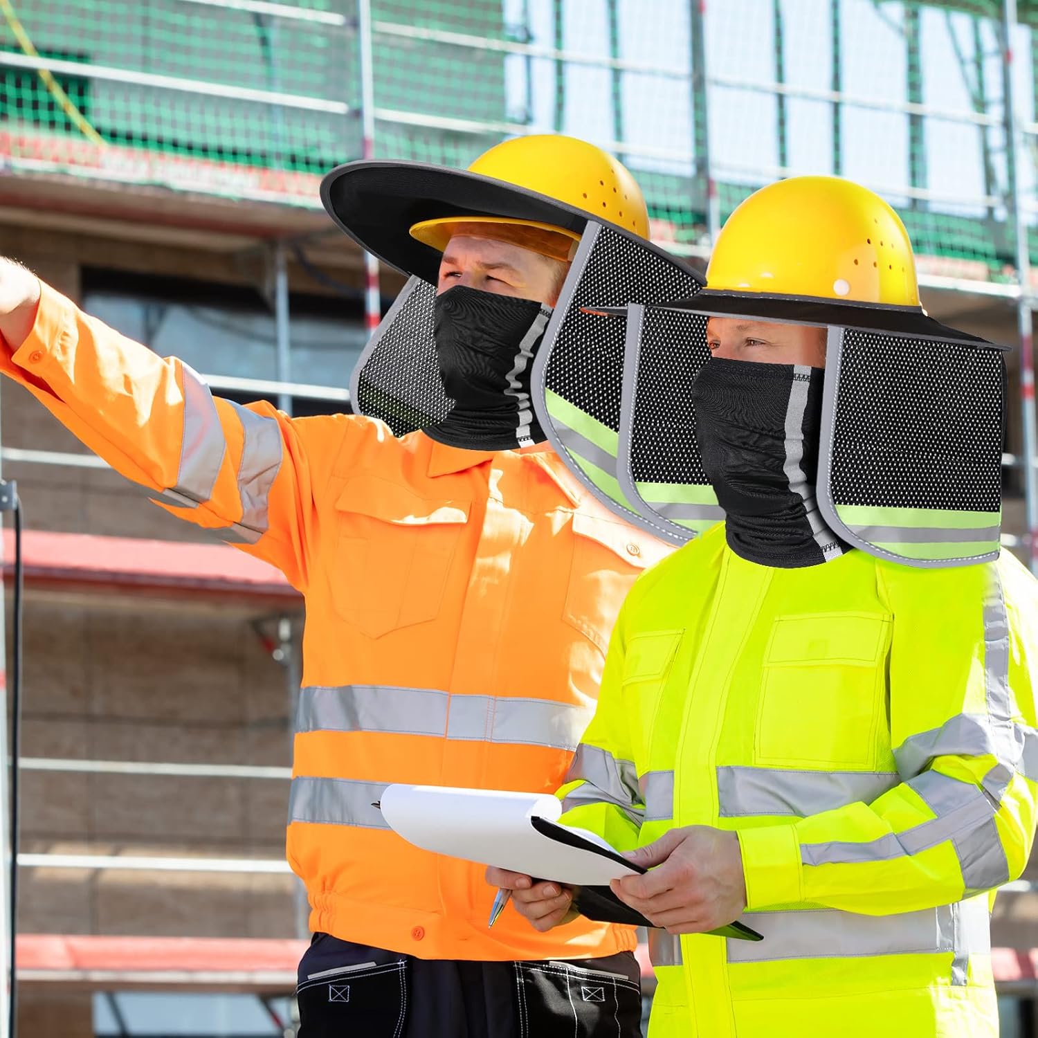SATINIOR 2 Pcs Sun Hard Hat Neck Protection High Visibility Full Brim Mesh Sun Protection and Neck Gaiter Bandana Face Scarf for Construction Helmet Hard Hat Accessories, Reflective(Black)