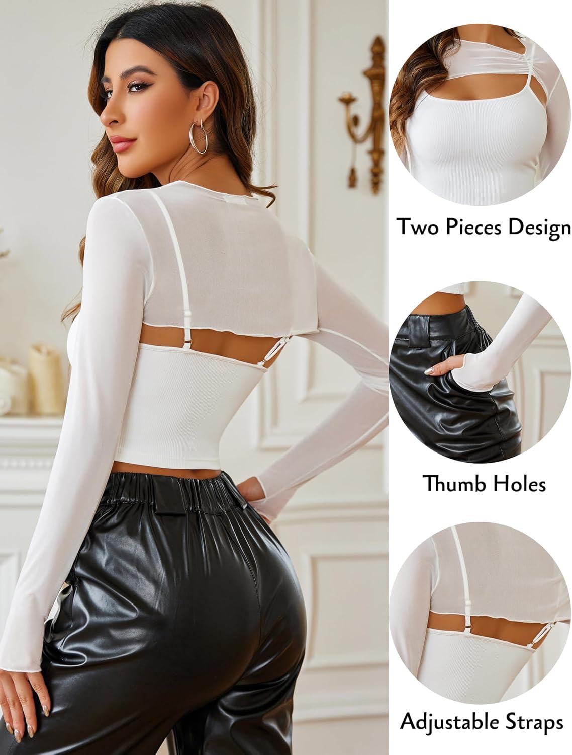 Avidlove Women Sexy Long Sleeve Mesh Crop Top Solid Cover Up with Spaghetti Strap Cami Top 2 Pieces Clubwear with Thumb Holes - Image 4