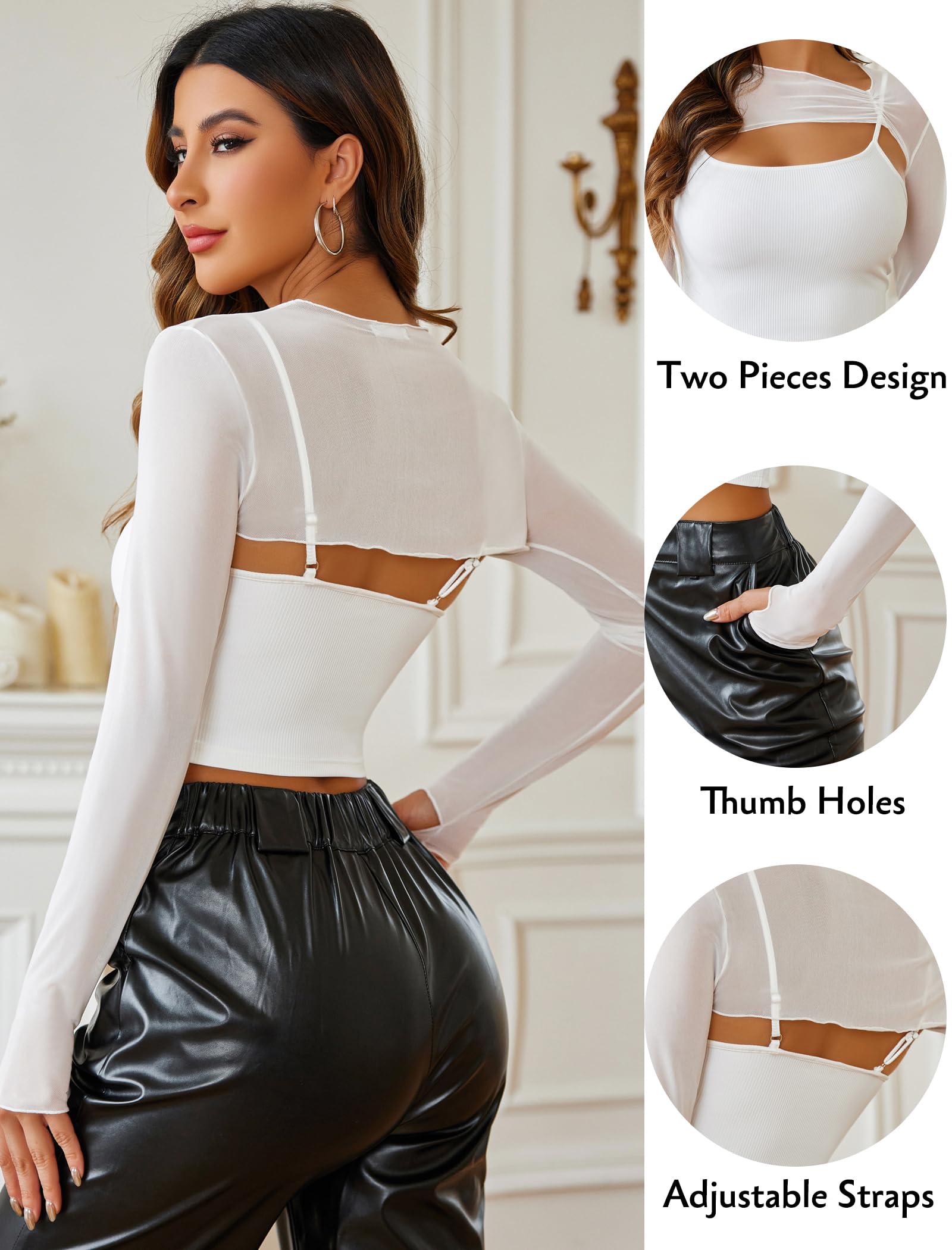 Avidlove Haut court sexy à manches longues en maille pour femme avec bretelles spaghetti 2 pièces avec trous pour les pouces