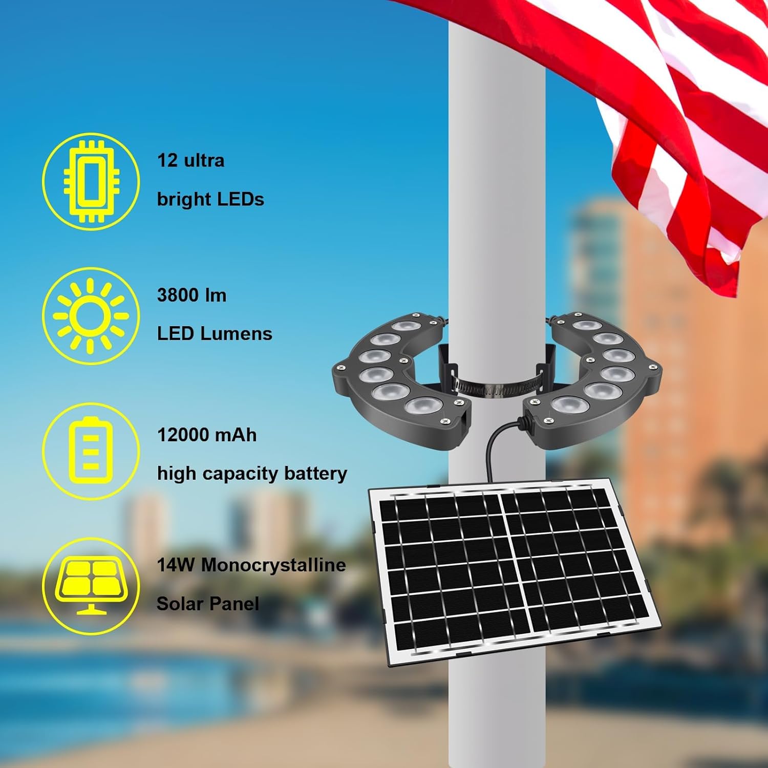 Flag Pole Light Solar Powered 6000K Brightest Solar Flag Pole Light Outdoor Waterproof LED 12000mAh Battery Dusk to Dawn Work 16+ Hours Ring Solar Lights Fits 2-6 in Diameter Flagpoles
