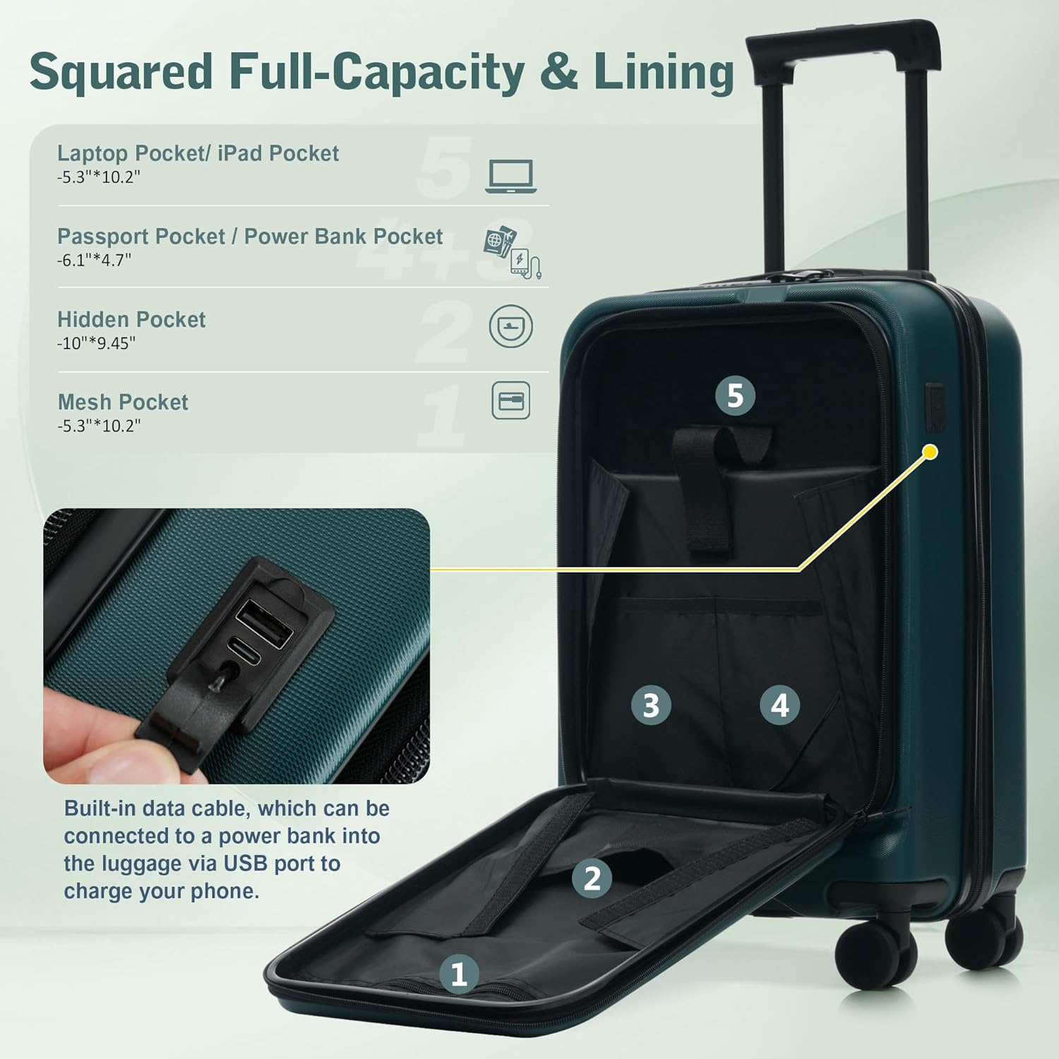 Merax Luggage Sets 5 Piece,Front Open Hardshell Expandable Suitcase with Spinner Wheels and Duffel Bags,Lightweight Carry on Luggage with USB Port,20/24/28IN,Dark Green