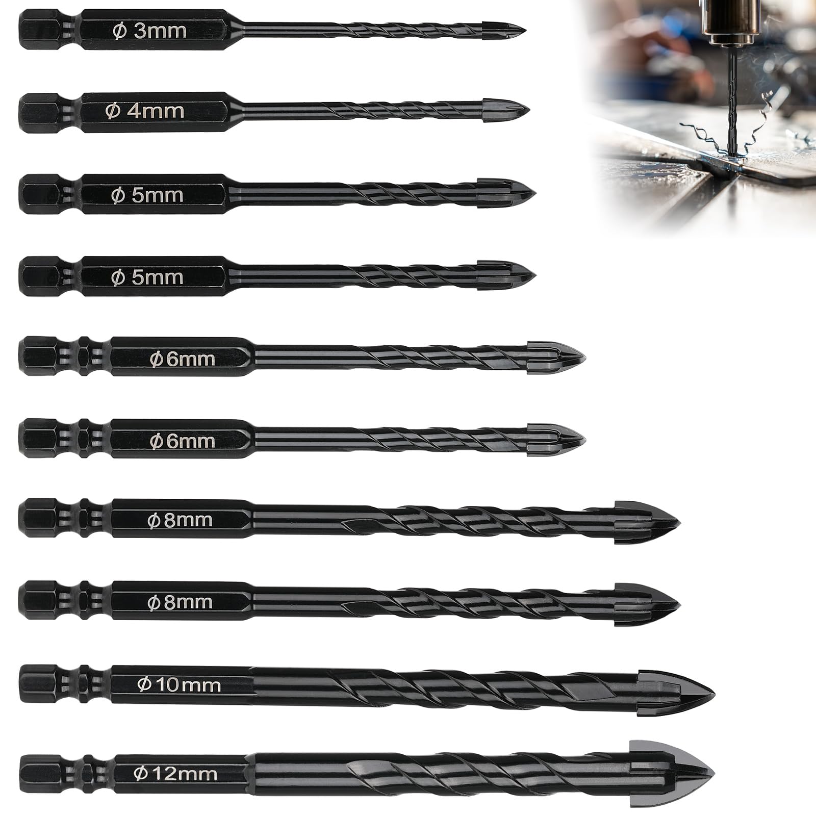 10 piezas Brocas Porcelanico, Juego de Brocas de Carburo Ø 3/4/5/6/8/10/12mm Set de Brocas HardCeramic, Profesional, Broca Porcelanico Hormigon Para Cerámica, Granito, Vidrio, Mármol, Granito