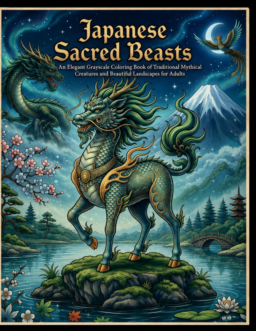 Japanese Sacred Beasts: An Elegant Grayscale Coloring Book of Traditional Mythical Creatures and Beautiful Landscapes for Adults