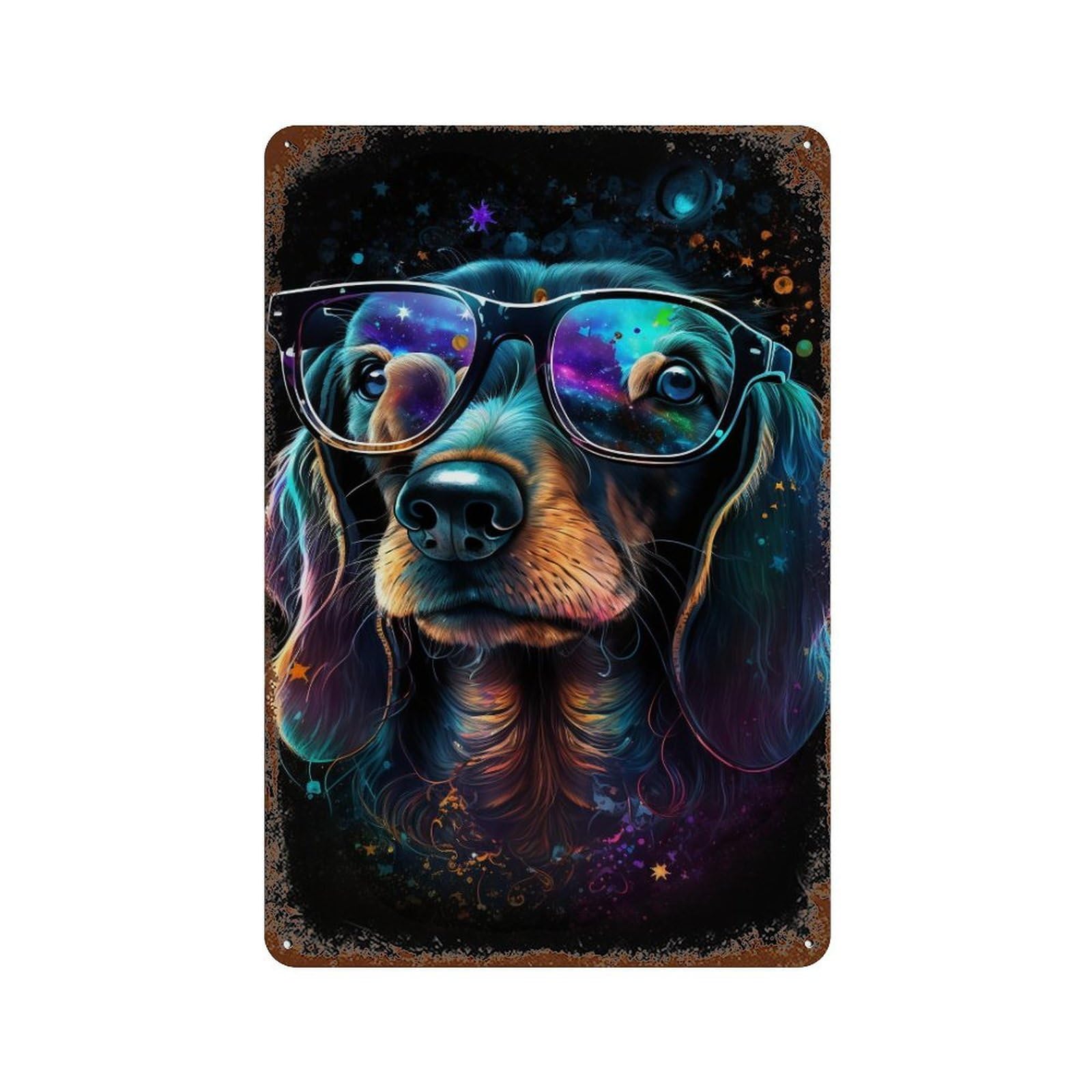 Cosmic Canine Glasses Art Print Vintage Rust Metal Sign 11.8"x7.9", Ideal for Cafe, Home Bar And Lounge Decor