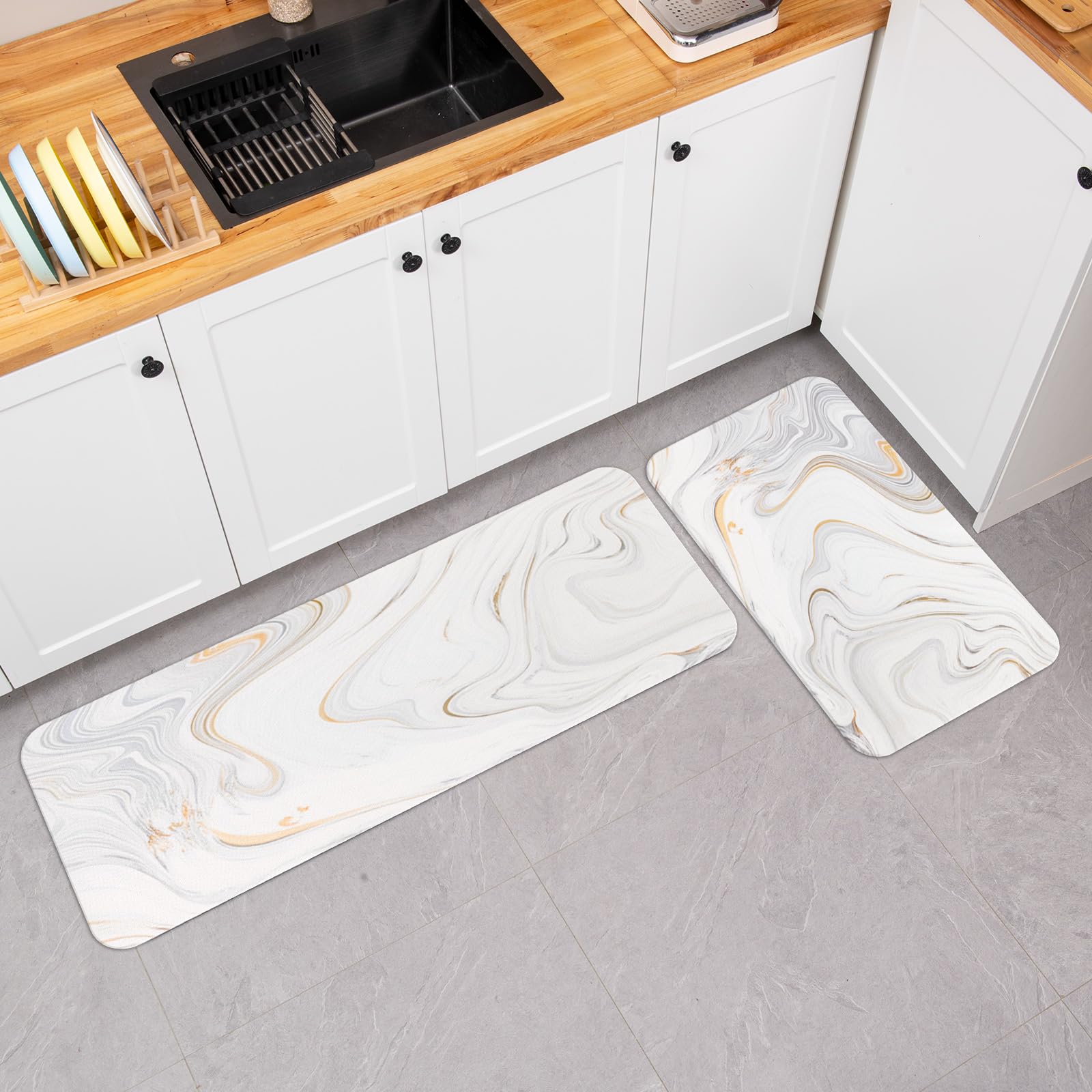 Colorful Star 2 Pieces Waterproof Cushioned Kitchen Rugs Set PVC Leather Runner, Non-Slip, Anti Fatigue and Comfort Floor Mat for Kitchen Laundry Decor 17"x29"+17"x47" White Gold Marble…