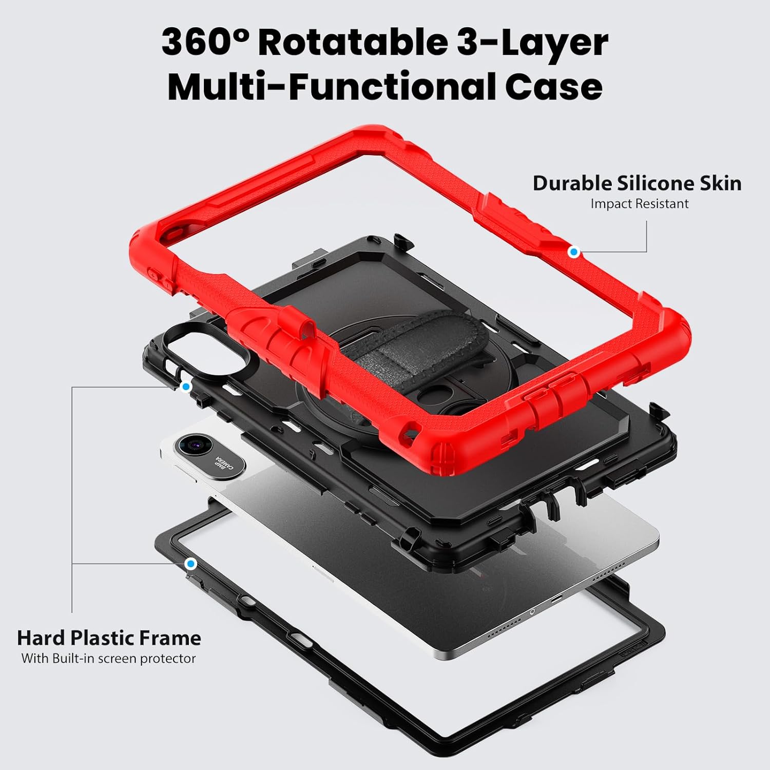 Compatible with Xiaomi Redmi Pad 2 11 inch Released 2025 Case with Screen Protector Heavy Duty Shockproof Protective Case Drop-Proof Cover Swivel Kickstand+Handle+Strapp Silicone Cover(Red)