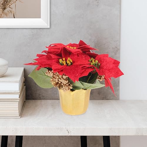 Miniatura 2 de VILLCASE Planta de Pascua roja de Navidad en maceta, flores de Pascua artificiales en jarrón, bayas de pino, decoración de bandeja escalonada de