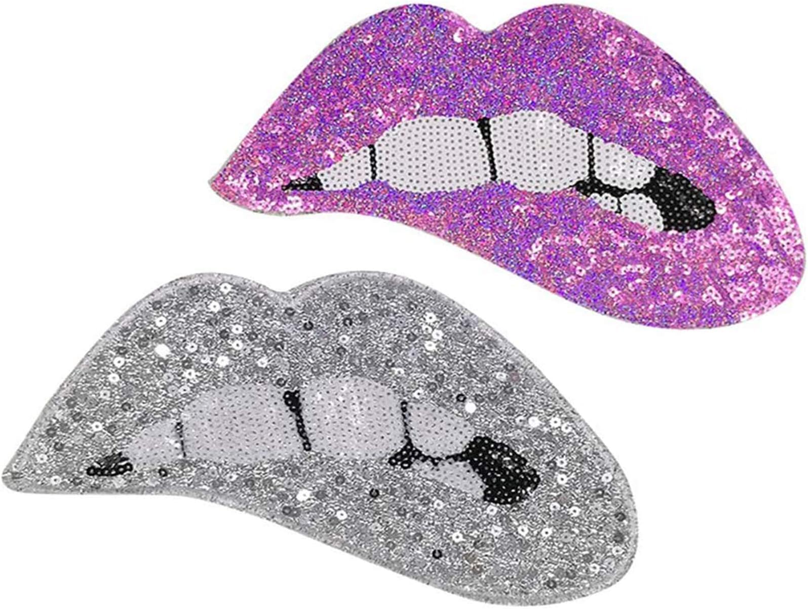 Large Silver Red Mouth Patches Iron on or Sew on Lip Sequins Patches Embroidered Badge Motif Applique Compatible Clothing Jeans T-Shirt (Purple)