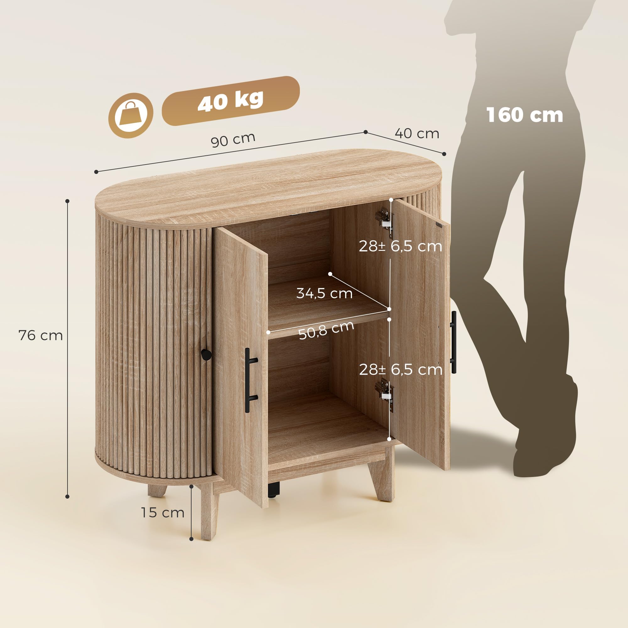 HOMCOM Buffet Salon, Meuble de Rangement Ovale avec 4 Portes et Étagère Réglable, 5 Pieds Stables, Style Moderne, Buffet Salle à Manger et Cuisine, 90x40x76cm, Chêne