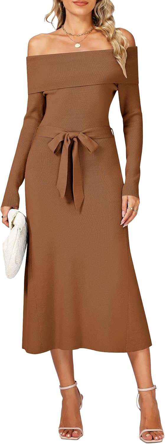 Sweater Dress for Women Fall 2025 Off The Shoulder Long Sleeve Ribbed Knit Bodycon Maxi Dresses Formal Wedding Dress