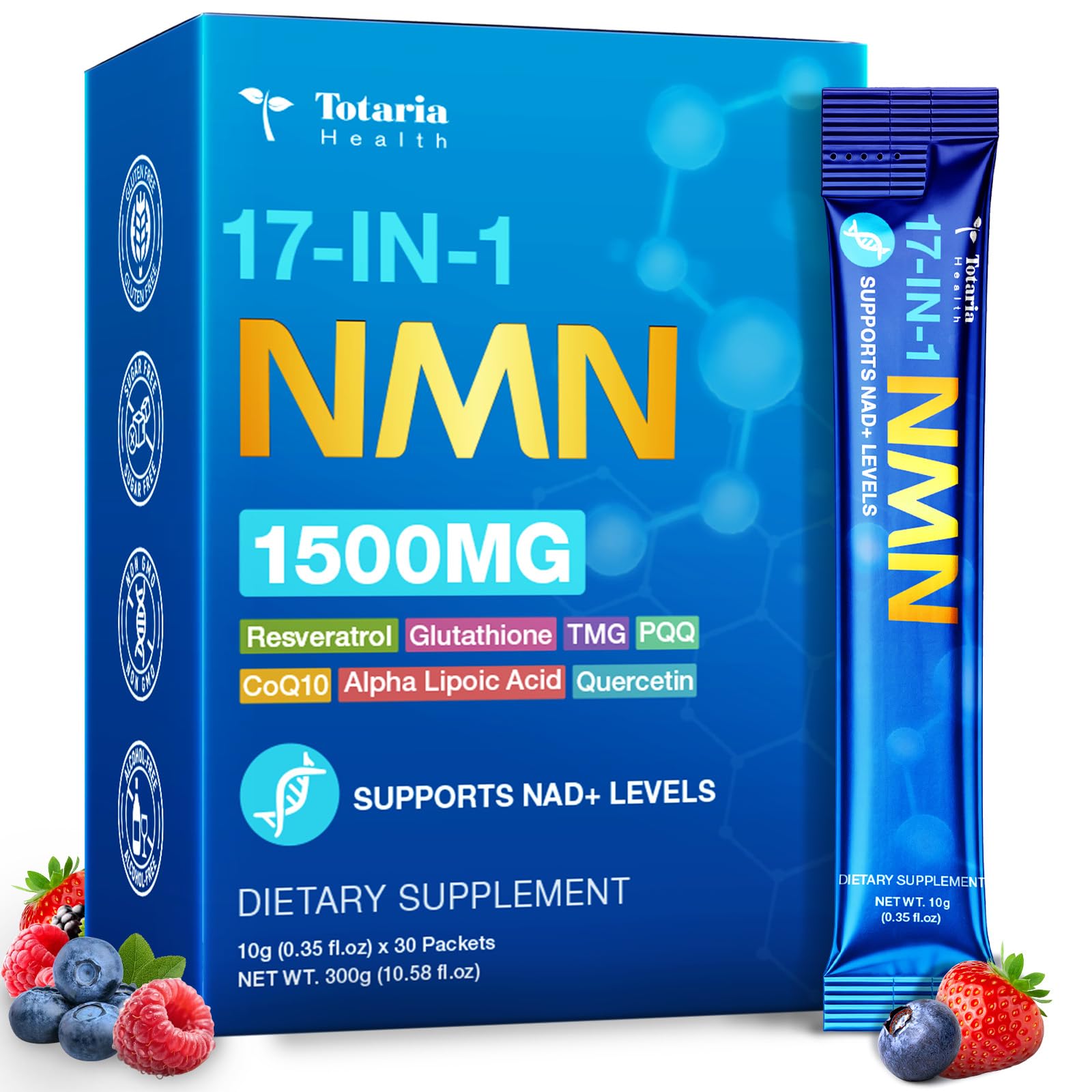 Totaria 17-in-1 NMN Liquid Supplement, NAD Supplement with CoQ10, Resveratrol, TMG, Glutathione - Supports Cellular Energy, Anti Aging, Antioxidant & NAD+ Level - (30 Packets) 1 Months Supply