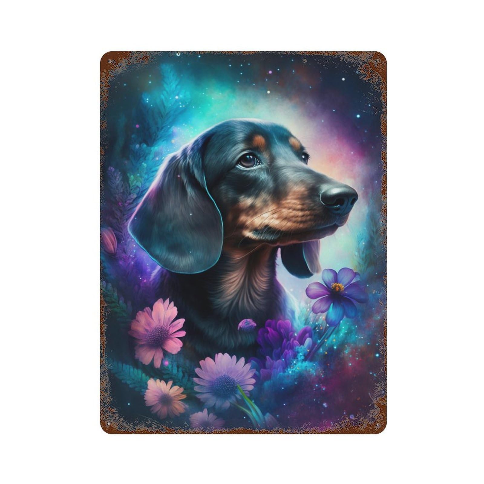 Vintage Rust Metal Sign with Fantasy Dachshund with Flowers Design 15.7"x11.8", for Office, Studio And Wall Decor, Farmhouse Wall Decor