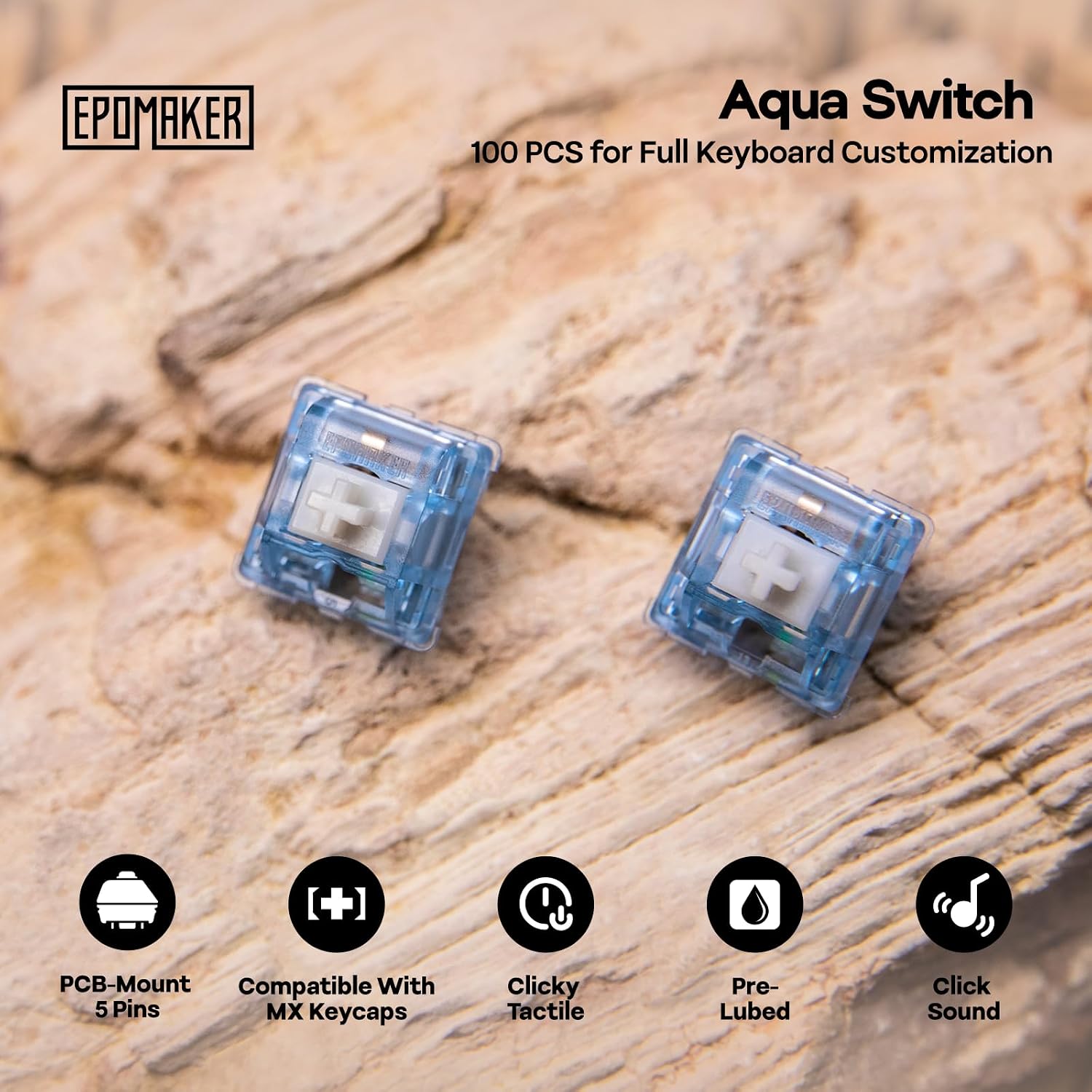 EPOMAKER Mechanical Switches Set for Mechanical Gaming Keyboard, 100 Pieces, Pre-Lubed Switch, Linear/Tactile/Clicky, 5-Pin Creamy Switch with MX Keycaps (Aqua(Clicky)) detail 2