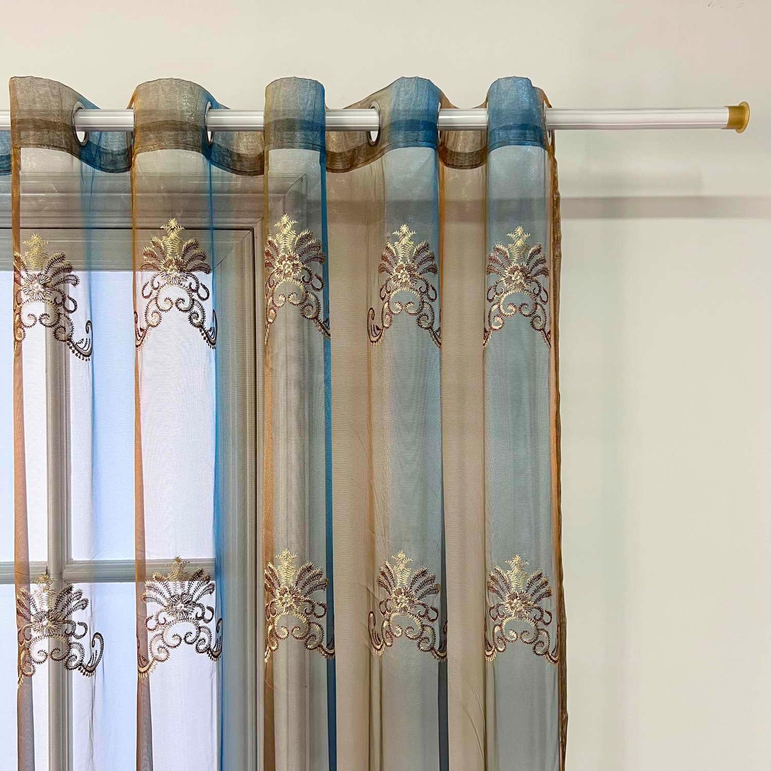 Gxi Gradient Voile Curtain Panels for Living Room European Embroidered Sheer Curtains Grommet Floral Tulle Window Drapes for Sliding Glass Door, Set of 2 Panels,W79 x L96 inch Blue Brown