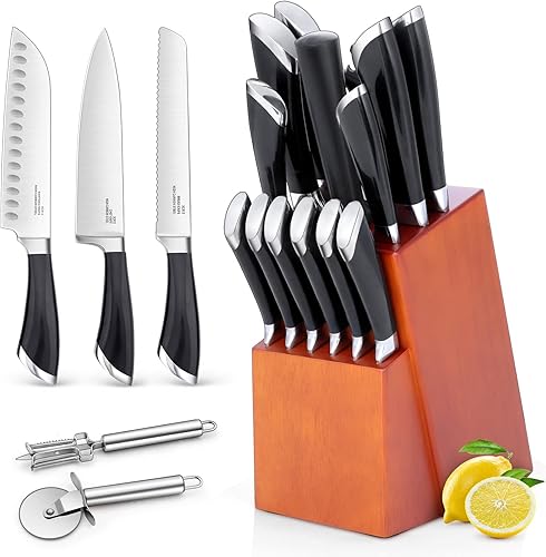 E-far - Juego de cuchillos de cocina juego de cuchillos de acero inoxidable de alto carbono de 16 piezas incluye cuchillo de pan dentado y afilador