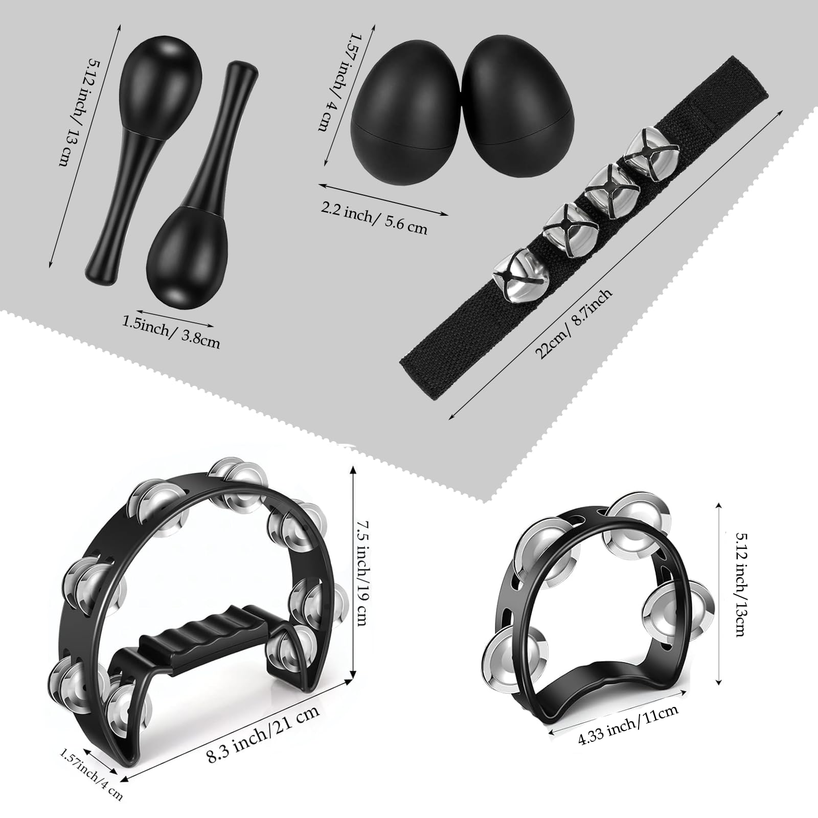 Pandereta, pandereta de 4 campanas, campanas de muñeca, cascabeles de metal, percusión de mano, pandereta para adultos, pandereta de media luna y agitador de huevos, martillo de arena