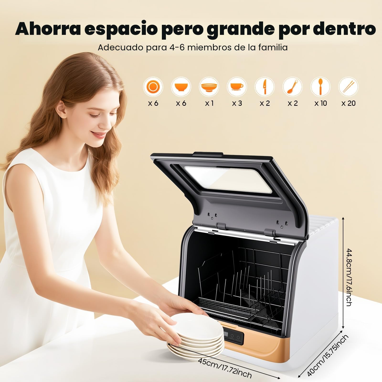 Mini Lavavajillas 800W, Lavavajillas de mesa con 5 programas y boquilla giratoria de 360°, control táctil, Lavavajillas de mesa con 2 modos de lavado y pantalla LED, Perfectamente Simple para Casas