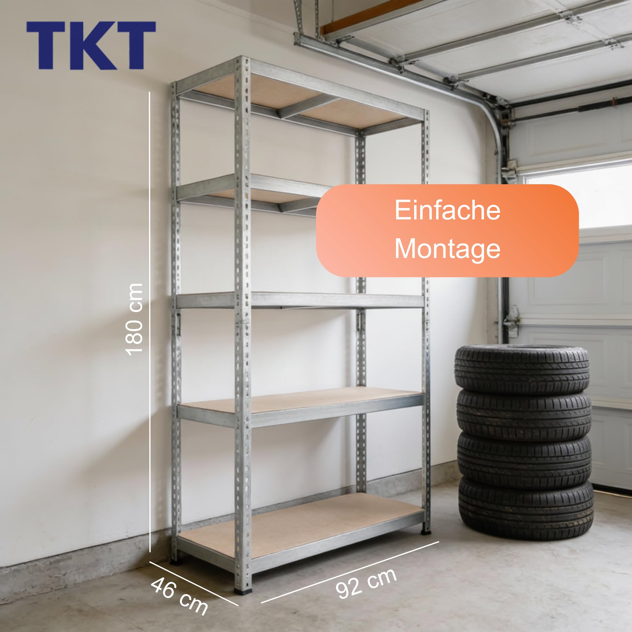 TKT – Work System Steckregal mit Holzböden & Unterzug 180x92x46cm - Verzinktes Regal mit 265kg Tragkraft pro Boden. Schwerlastregal mit 5 Böden für Werkstatt, Wohn- & Kellerraum