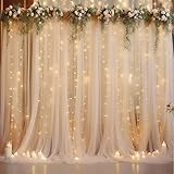 10×10ft Champagne Tulle Backdrop Curtain with Lights String for Parites, Sheer Photo Curtain Backdrop Drapes for Wedding Party Photography Backgrounds 10ftx10ft Champagne