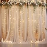 10×10ft Champagne Tulle Backdrop Curtain with Lights String for Parites, Sheer Photo Curtain Backdrop Drapes for Wedding Party Photography Backgrounds