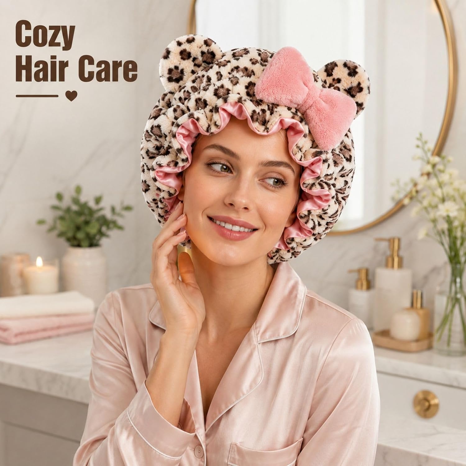 Teddy Bear Bonnet with Leopard Print, Cheetah Print Bonnet with Ears for Fashion Accessories, Soft Fabric Headwear for Daily Use, Adjustable Fit for Various Head Sizes (Pink and White)