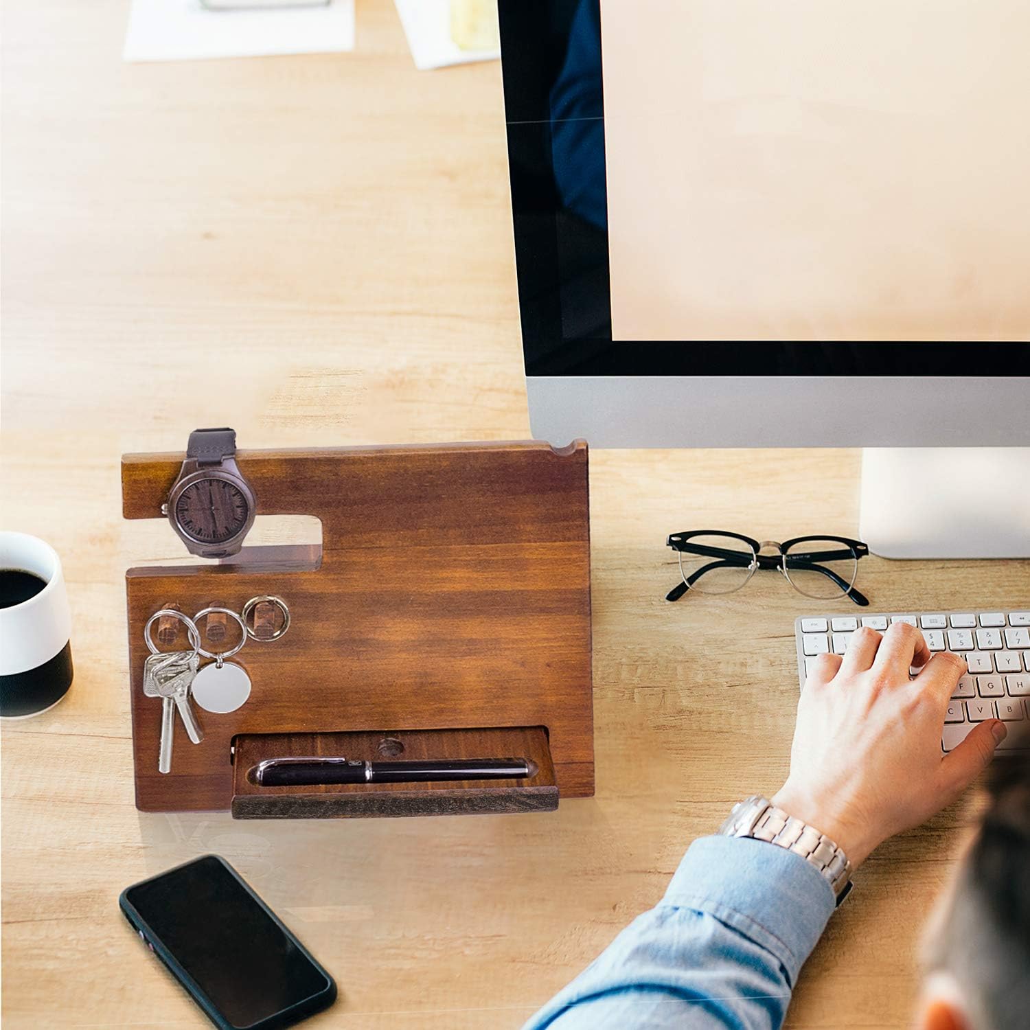 Wood Phone Docking Station for Men Personalized - Hooks Key Holder Wallet Stand Watch Organizer - Gifts for Him Husband Boyfriend Dad Son Uncle Boss Colleague - Anniversary Birthday Father's Dad Gift