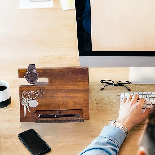 Miniatura 5 de Estación de acoplamiento para teléfono de madera para hombres, personalizada, ganchos para llaves, cartera, soporte para relojes, regalos para él,