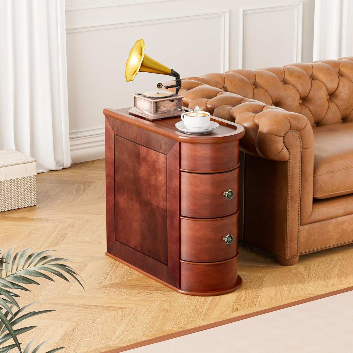 ROOMTEC Solid Wood End Table,Narrow Side Table with 2 Drawers,No Assembly, Finished Back,Vintage Wood Narrow Sofa Side Table for Living Room Bedroom