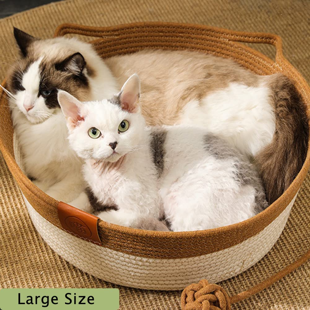 Cama de cuerda de algodón tejida a mano para gatos, hamaca plegable para dormir, cesta hecha a mano, natural, rascador para gatitos, estilo lindo con una pelota de cuerda de juego, grande,