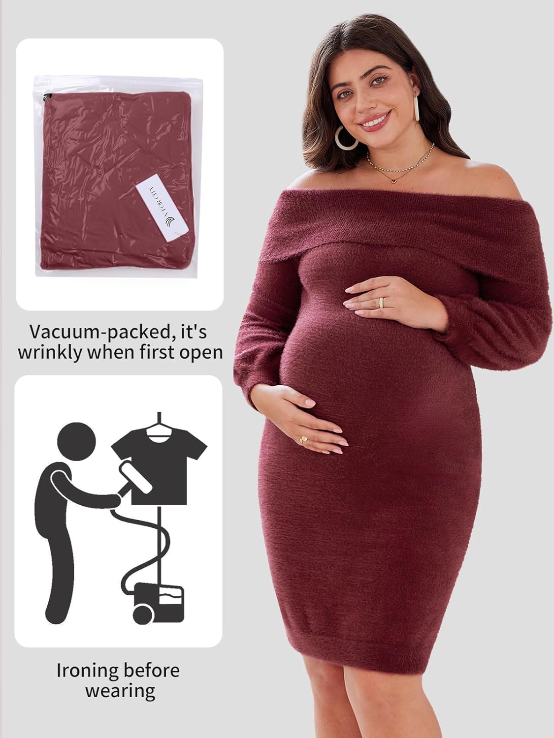 V FOR CITY Maternity Sweater Dress for Baby Shower Off The Shoulder 2025 Winter Fuzzy Puff Sleeve Bodycon Party Dresses - Image 5
