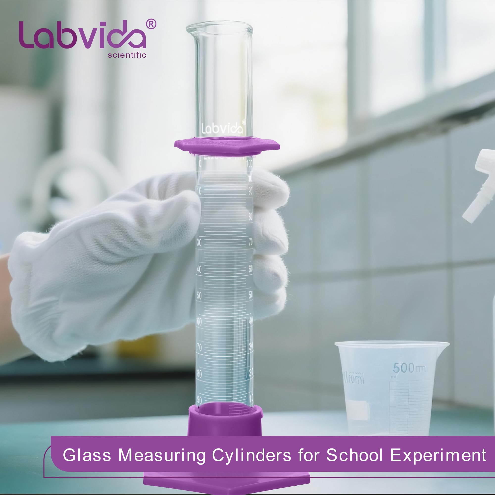 LVE004 - Set di cilindri graduati in vetro borosilicato da 100 ml, con base esagonale in plastica e spazzola, classe B (4 pezzi), LVE004