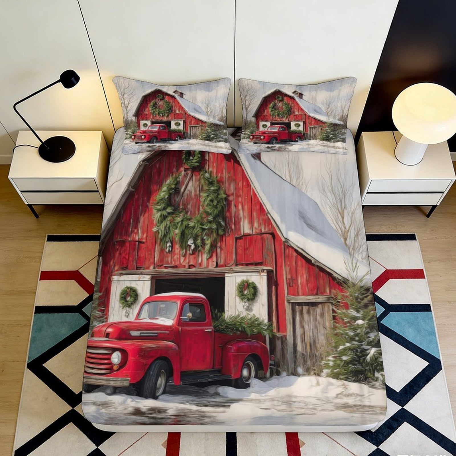 Uynsixtme Style-6 3D Printed Christmas Truck Fitted Sheet Microfiber Deep Pocket Non-Slip Christmas Truck Mattress Fitted Cover Washable 90X200x25cm