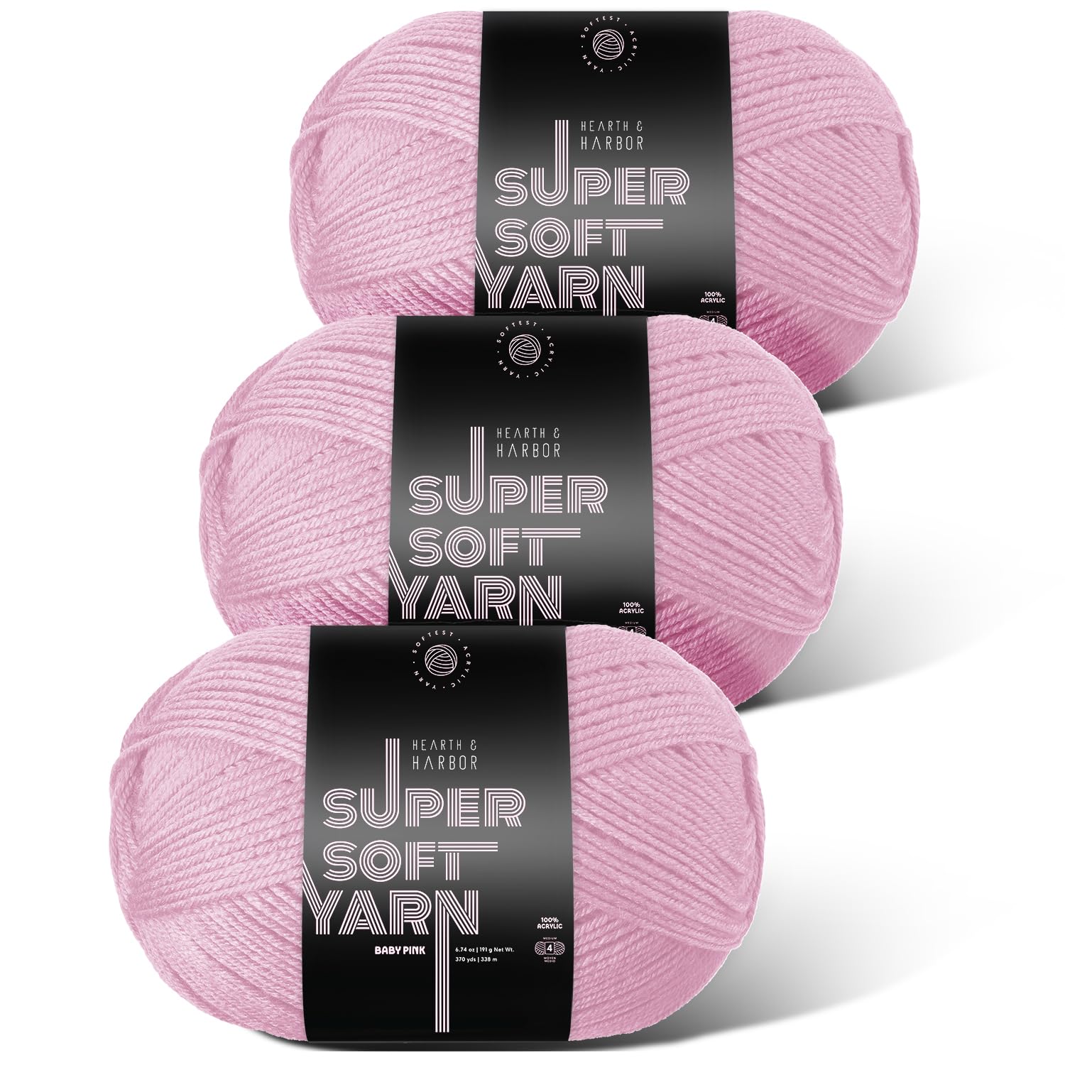 Acrylic Yarn for Crocheting &amp; Knitting – Soft Crochet Yarn for Crocheting, 3 Pack of 370 Yards, Perfect for Crafts &amp; Amigurumi, Medium Worsted Weight 4, Baby Pink