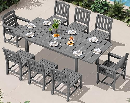 Miniatura 21 de SERWALL Juego de comedor para exteriores de 9 piezas, mesa de comedor expandible de 60 a 83 pulgadas y 8 sillas de polietileno de alta densidad