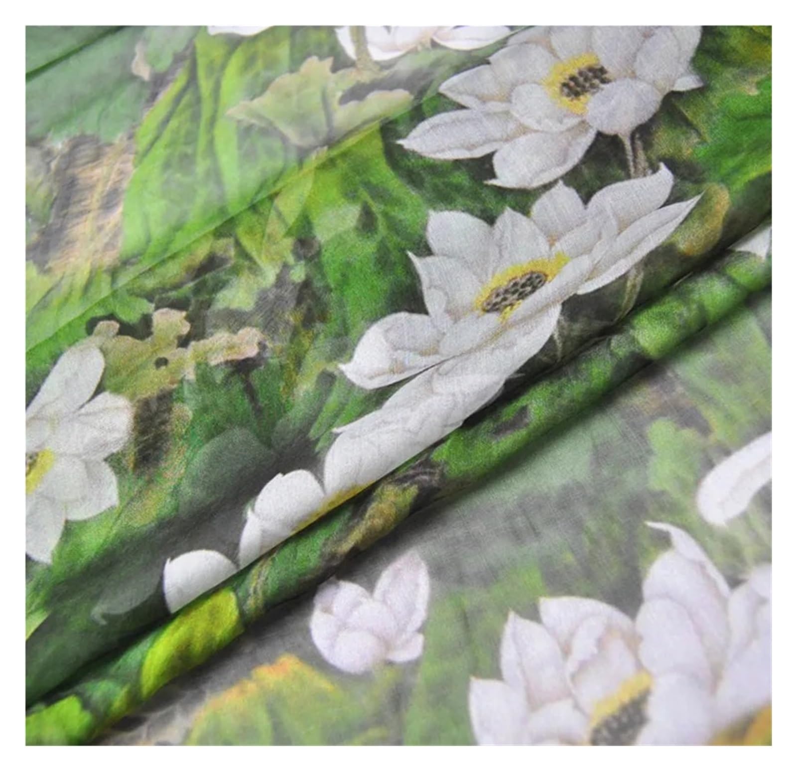 Tissu Jacquard Tissu En Mousseline De Soie Lotus Blanc Avec Motif Vert