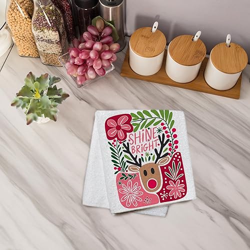 Miniatura 4 de Paños de Cocina Florales Bohemios de Reno Navideño, Toallas de Mano Decorativas Navideñas Florales Retro Groovy de los 70s Rosa y Verde para Reno