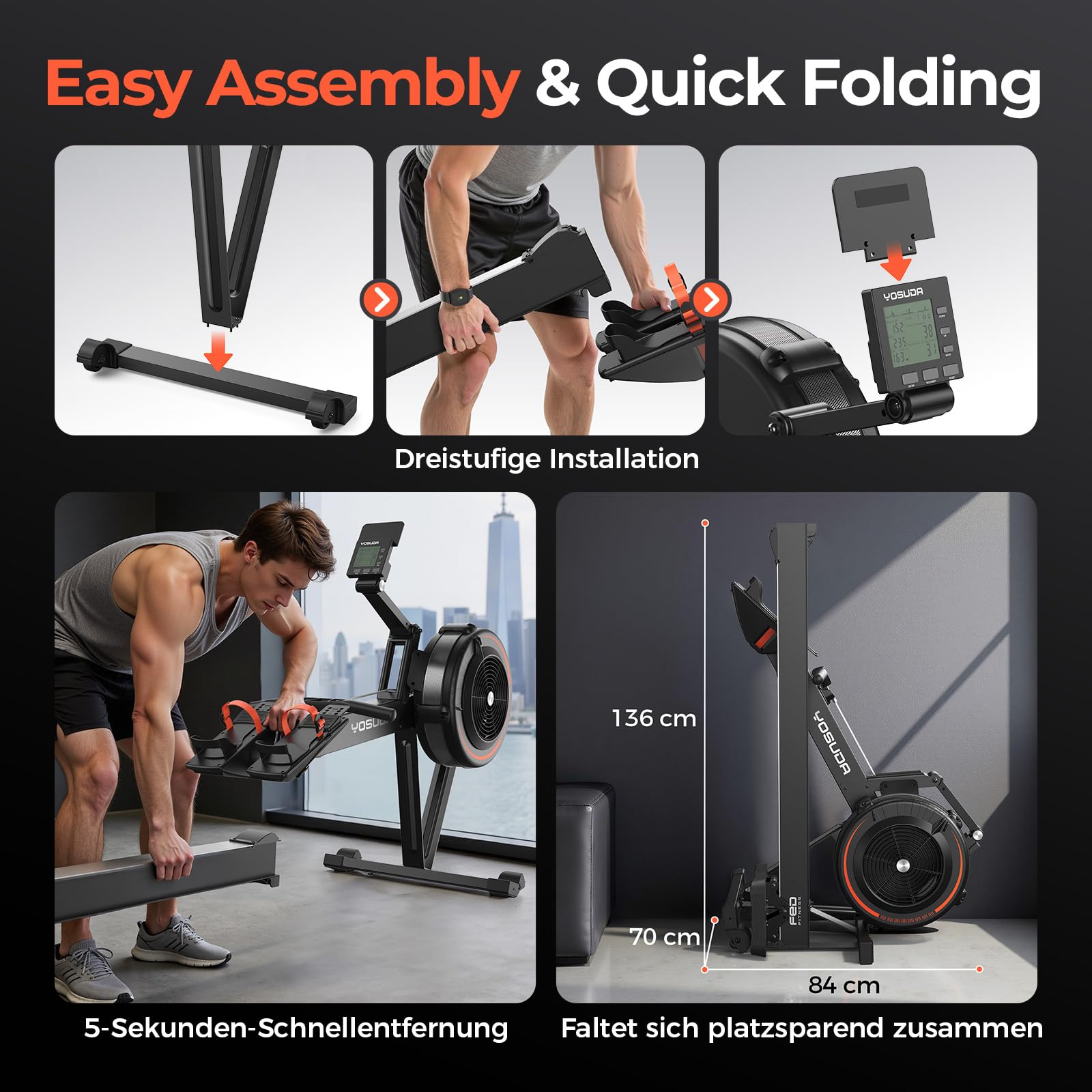 YOSUDA R2 Luft Rudergerät für Zuhause Klappbar, Luftwiderstand, Selbstbetriebenes Display, 10-Stufen Widerstand, Alu-Laufschiene für große Menschen, Bluetooth & App, Indoor Rudern zum Cardiotraining