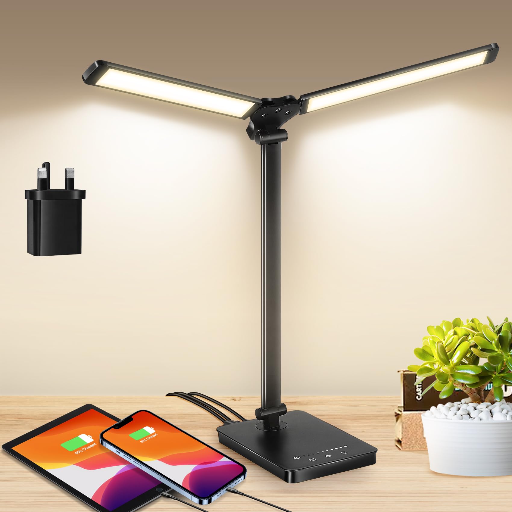 LED Desk Lamp with USB Ports, Touch Desk Lamp for Home Office with 5 Color Modes & 5 Brightness, Desk Light with 45Min Timing, Reading Lamp Table Lamp for Bedroom Bedside Study (with Adapter）