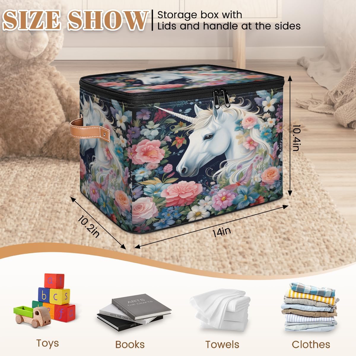 Storage Bin Set of 2 Florals Unicorn Storage Basket with Zipper Lid & Handle Foldable Closet Shelf 2 Pack Cloth Organizer Basket Cube Bins Clothes Organizer for Bedroom, Nursery