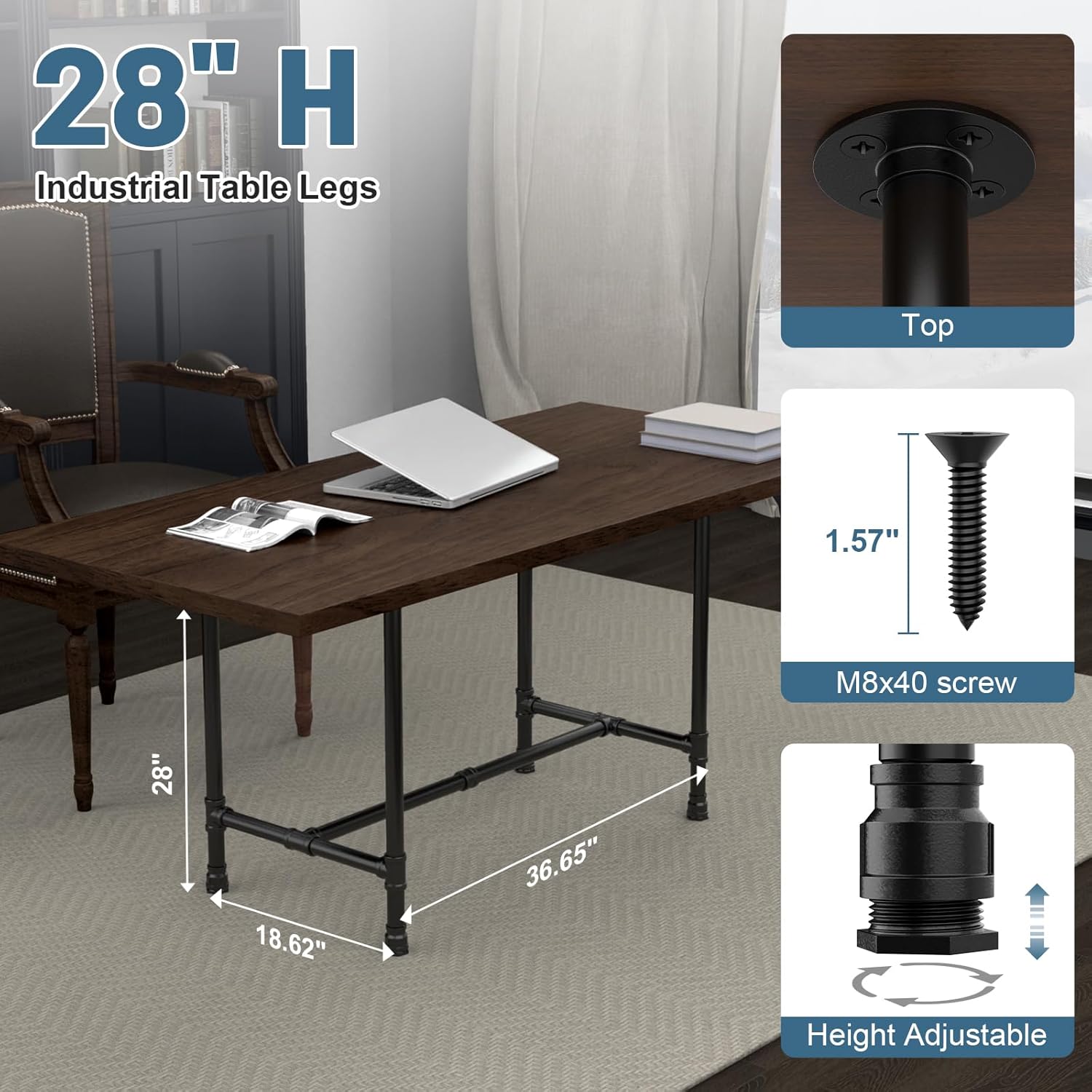 28 Inch Industrial Pipe Table Legs Set, Dark Grey Black Metal Iron Desk Legs Base for Coffee, End Table & Nightstand, Vintage Mid-Century Style Pipe Furniture, Rustic Metal Frame Desk Leg Kit