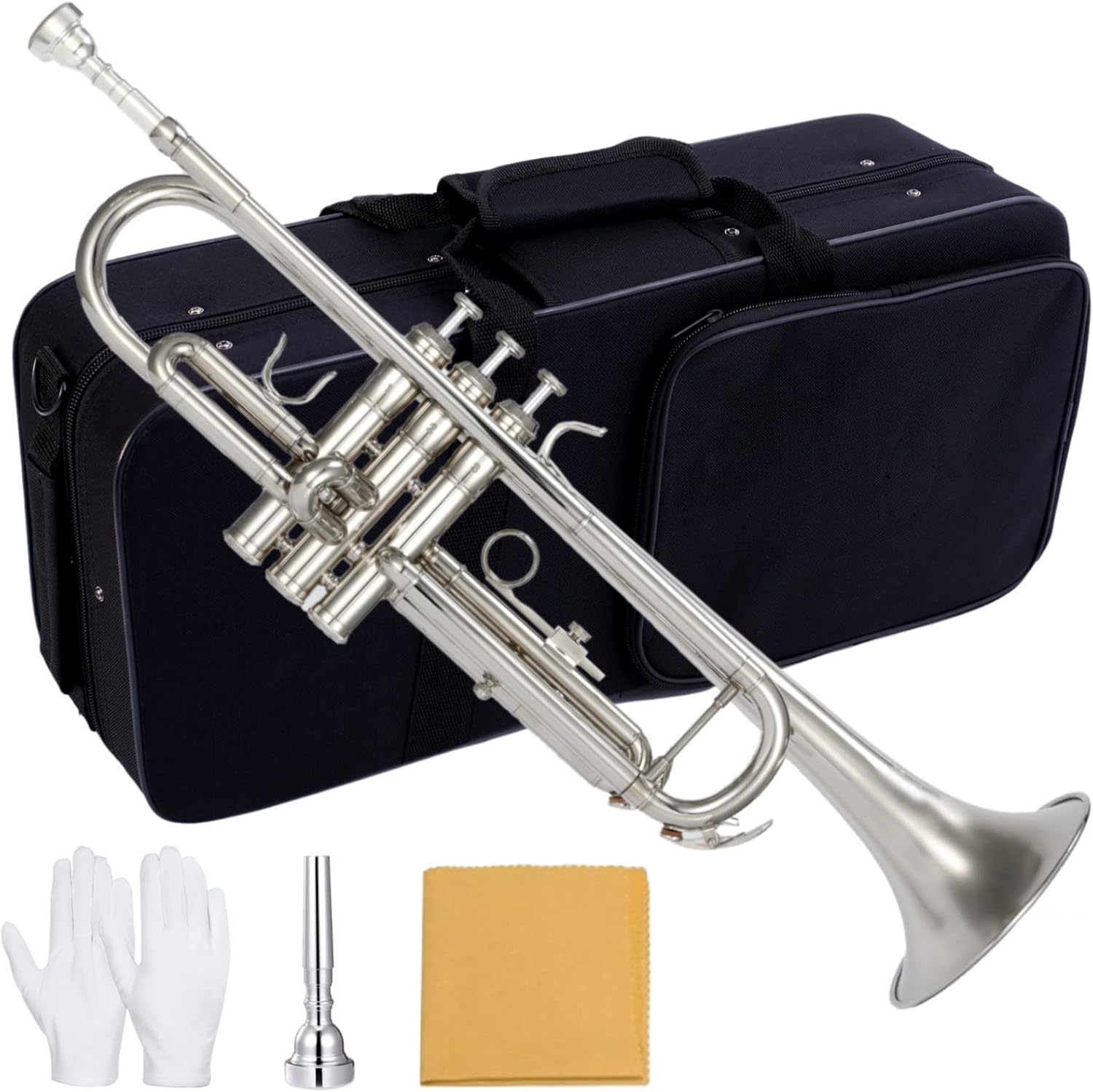 Bb Standard Trumpets for Beginner or Advanced Student Brass Trumpet Instrument with 7C Mouthpiece, Hard Case, Polishing Cloth, Gloves, Brass Musical Instruments For Kids & Adults (Nickel)