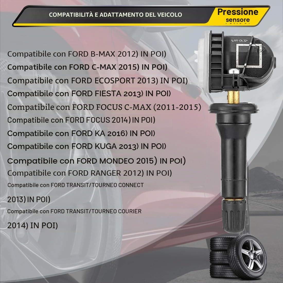 Sensore di pressione dei pneumatici 4Pcs, sensore Tpms, sensori di monitoraggio della pressione dei pneumatici 1862980, 2036832, 2318530 per Ford Ranger Ecosport Mondeo Fiesta Focus