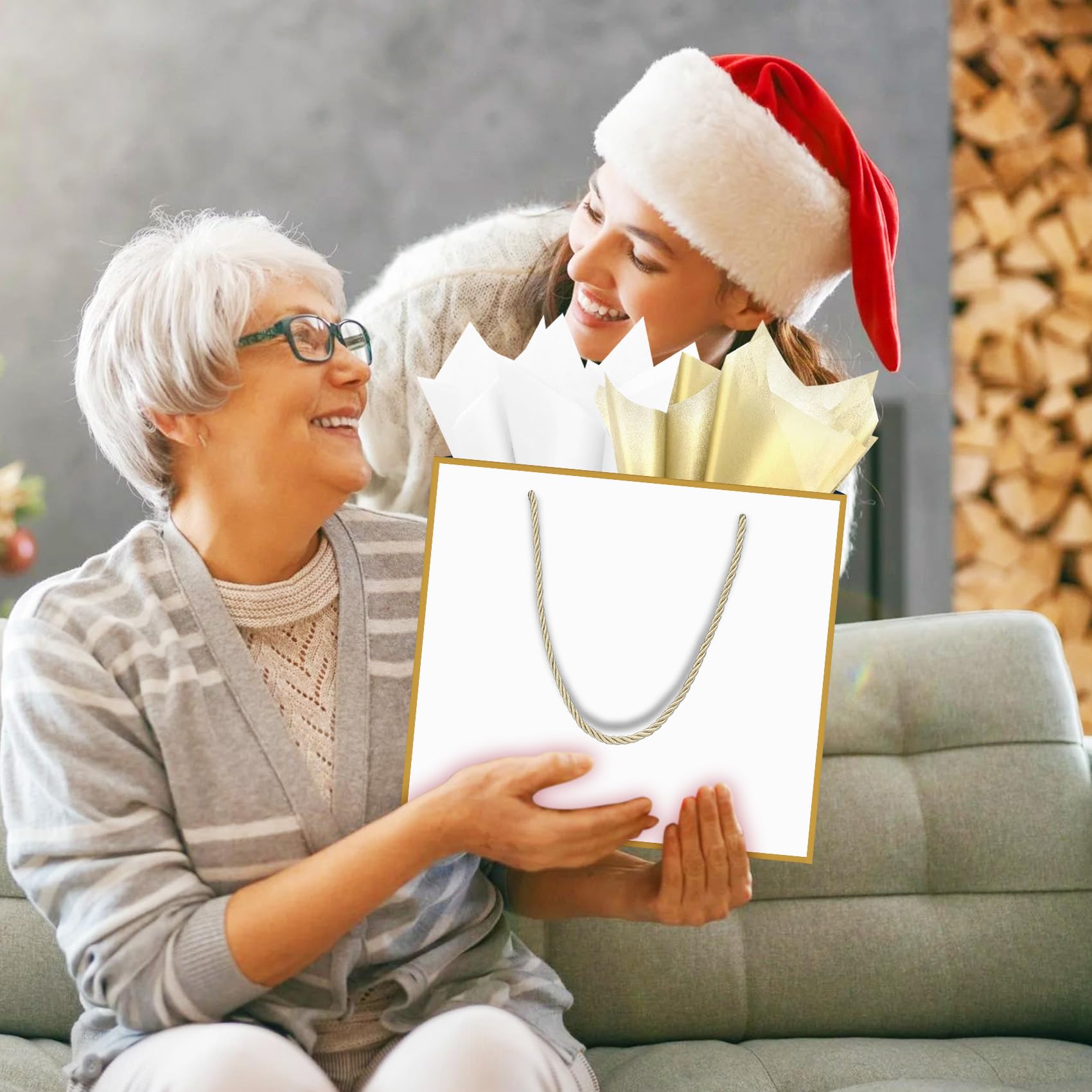 HONTIUS 11.8'' Extra Large Gift Bag Bags, Square Giant xl White Bridesmaid Gift Bag with Tissue Paper and Card for Wedding Birthday Presents Christmas Gifts Women 1PCS