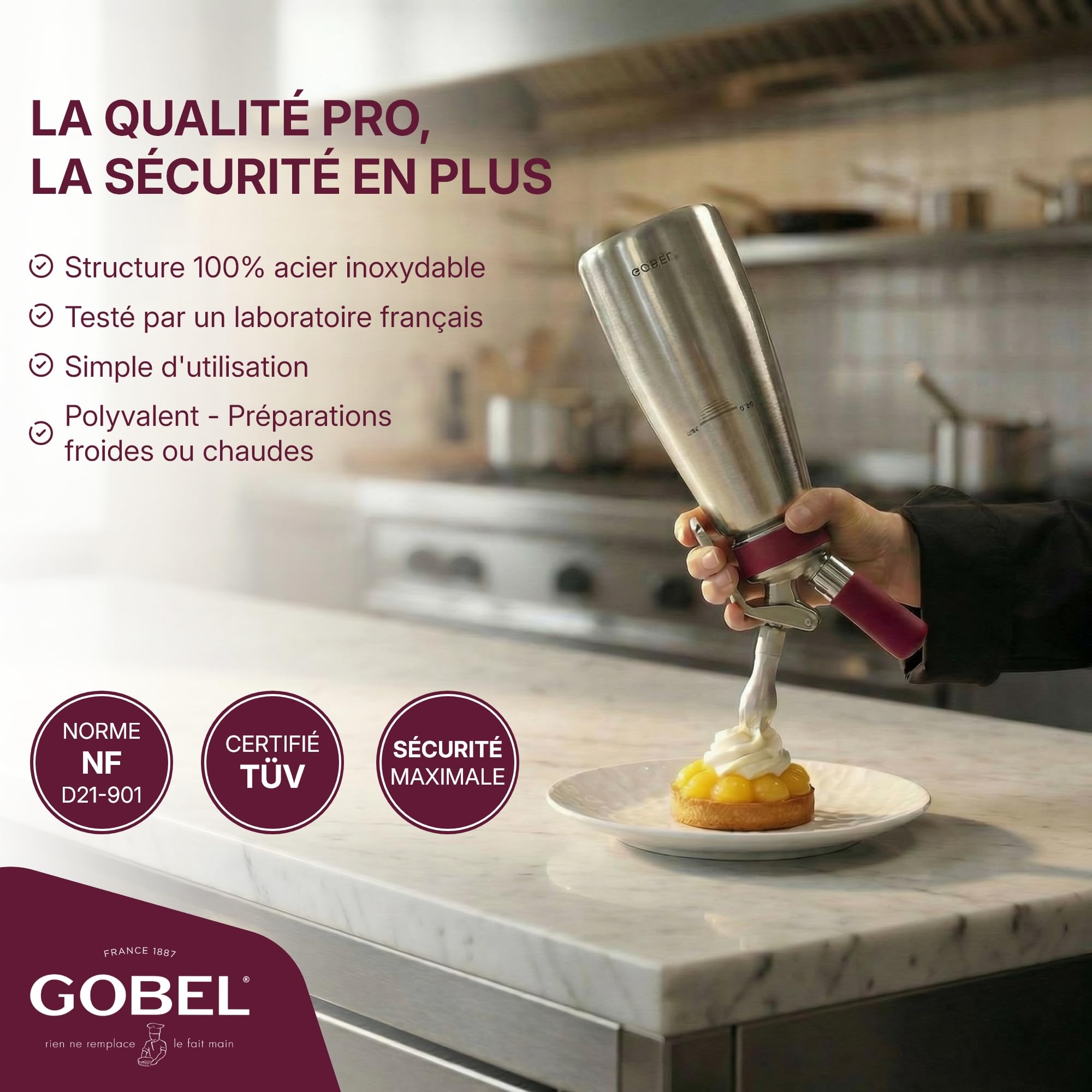 Gobel - Siphon chantilly professionnel cuve et tête inox 0,5L - NF D21-901 | Chantilly, sauces, espumas, chaud ou froid jusqu'à 70°C ; certifié NF D21-901 et TÜV ; 3 douilles et brosse incluses