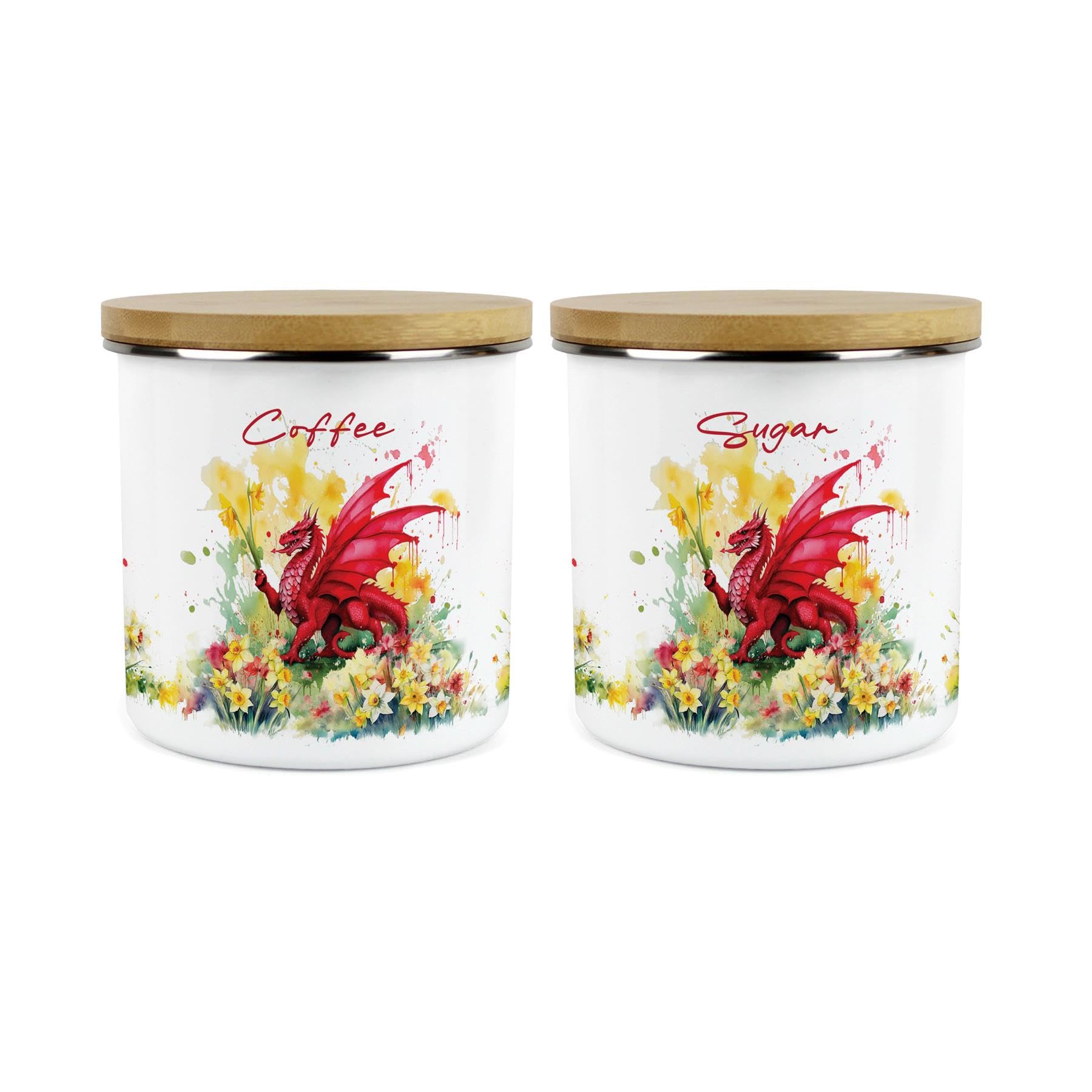 Purely Home Daffodils & Dragon Welsh Coffee & Sugar Canisters Set - Cymru Wales Homewares Gifts - 1.2L Enamel Kitchen Storage Containers Set of 2