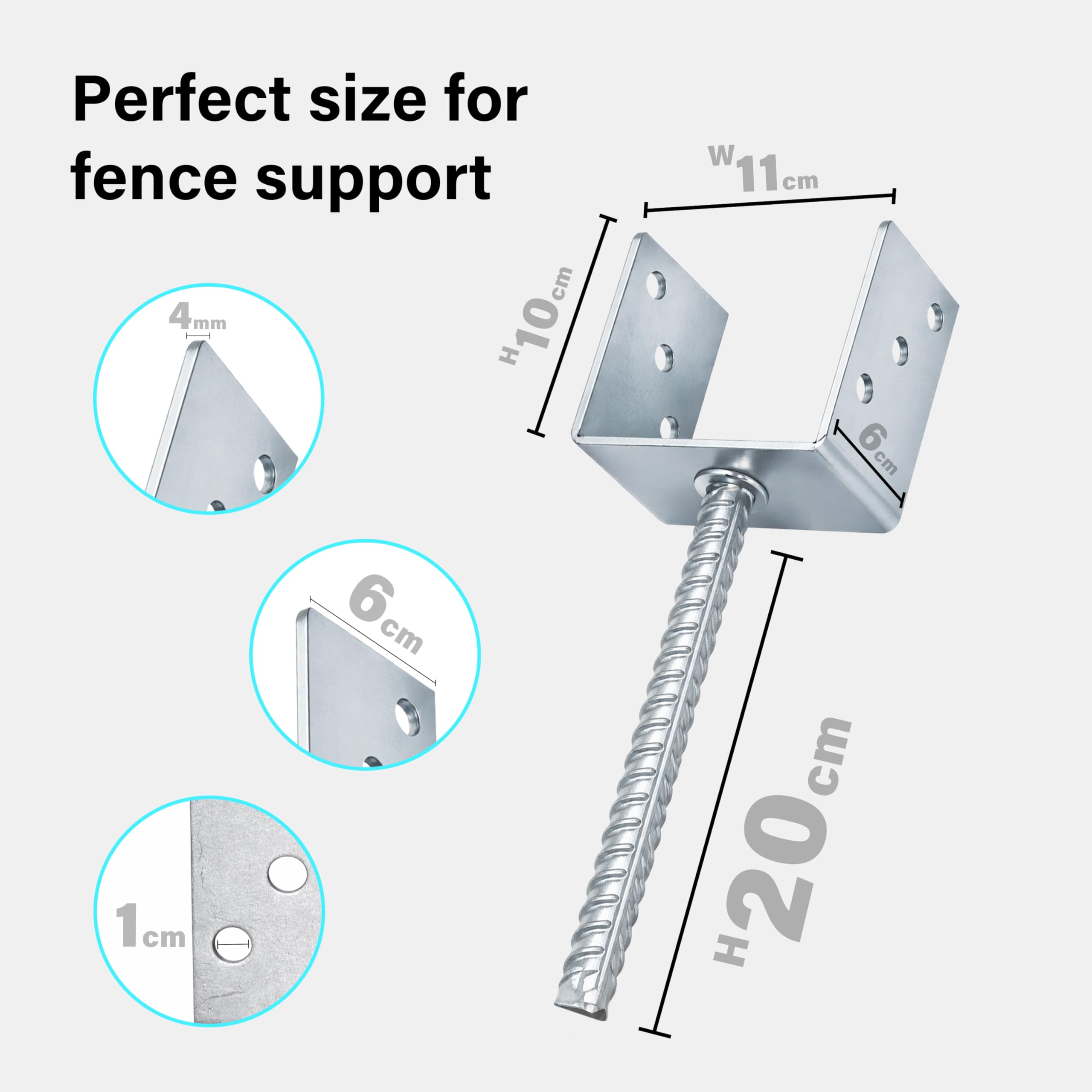 4 x Fence Posts Support, U-Type Pergola Bracket Extenders with Foot-Shaped Concrete Anchors. Heavy-Duty Galvanized Steel Spikes, 4mm Thick. 100 x 100 x 60mm (4" x 4" x 2.3")